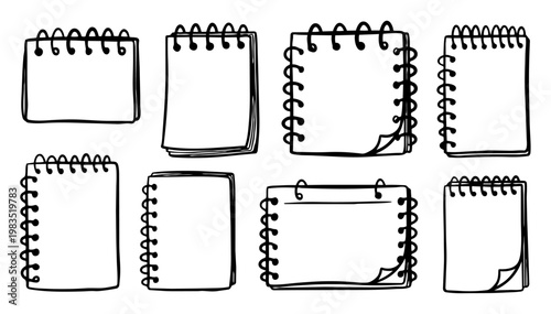 Set of hand drawn black ink spiral notebook icons and paper notepad frames for planning design elements cute sketch doodles of blank memo pages isolated on white background vector illustration