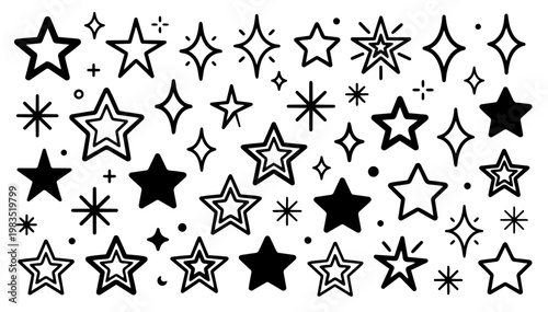 Hand drawn doodle vector set of stars and sparkles for highlights and decoration, clean sketchy ink pen star shapes, shine icons, and glitter accents for UI, notes, and creative design projects