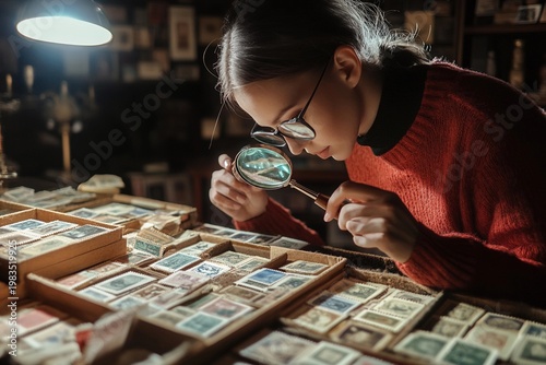 Woman inspecting rare antique postage stamp using magnifying glass