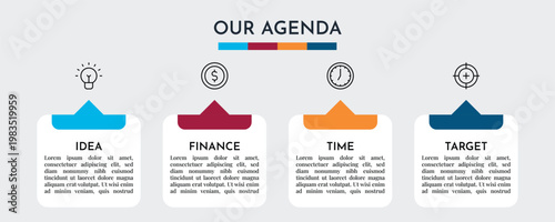 Our Agenda Minimal Card Style Infographic with Floating Icons and Four Step Process Vector Illustration,