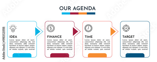 Our Agenda Horizontal Step Infographic with Arrow Flow and Modern Card Layout Vector Illustration,