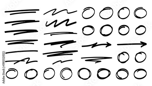 Hand drawn doodle vector set of underlines and circles, playful sketchy ink pen highlight marks, scribble loops, emphasis accents, and annotation elements for text, notes, and creative design projects