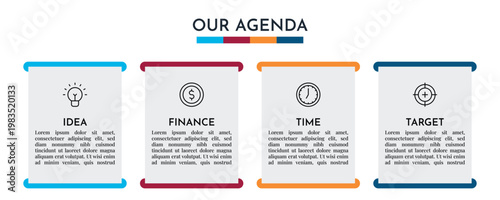 Our Agenda Simple Outline Box Infographic with Four Step Process and Clean Icons Vector Illustration,