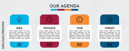 Our Agenda Vertical Card Style Infographic with Numbered Steps and Business Icons Vector Illustration,