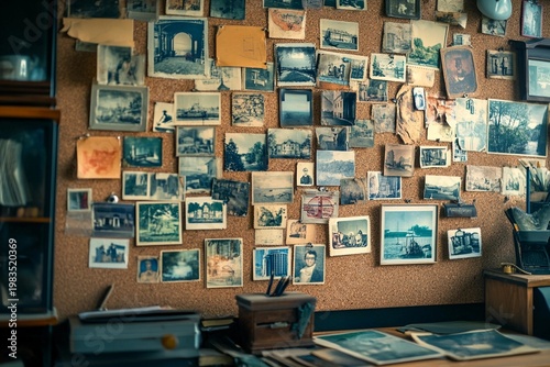Wall cork board displaying pinned vintage postcard collection