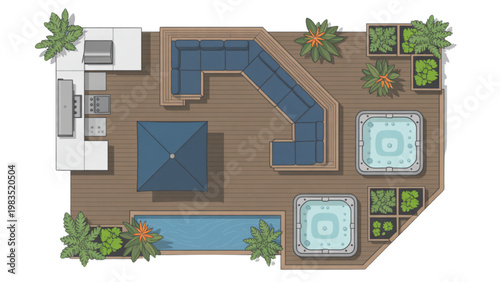 Modern indoor swimming pool and sunbathing area with poolside seating and greenery Vector