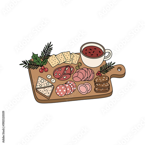 Holiday Charcuterie Board Illustration with Meats and Cheeses