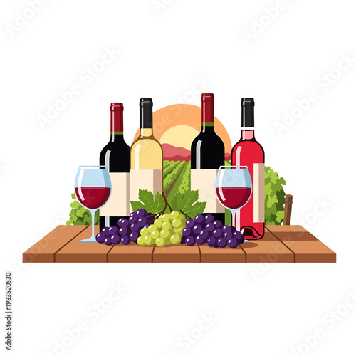 Wine Bottles Glasses and Grapes on a Table with Vineyard View