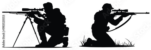 Target Shooter Kneeling Position Silhouette Sports Shooting Practice Range Training Aim Precision Vector Illustration Set Isolated Background