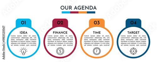 Our Agenda Circular Four Step Process Diagram with Numbered Icons and Clean Layout Vector Illustration,