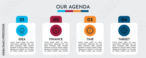 Our Agenda Modern Step by Step Process Infographic with Card Layout and Icons Vector Illustration,