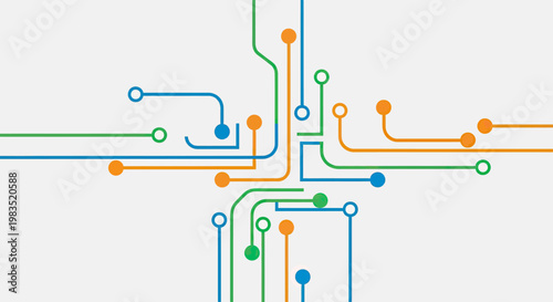 Abstract network of colored lines and circles against a light grey background