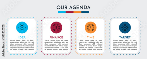 Our Agenda Minimal Four Step Workflow Presentation with Icon Cards and Clean Layout Vector Illustration,