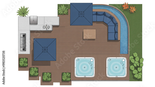 Aerial view of a modern house with a pool and outdoor recreational area Vector