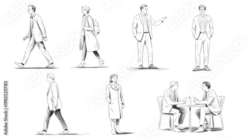 A sequence of human figures demonstrating various dynamic movement poses in mid-action Vector