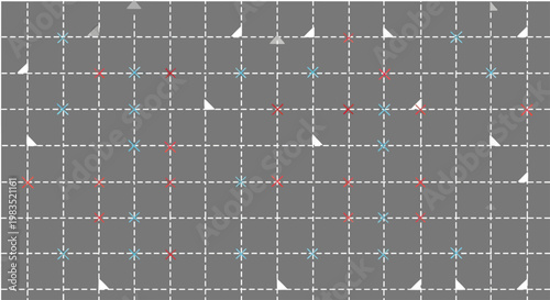 Geometric grid with red and blue cross marks and white triangles