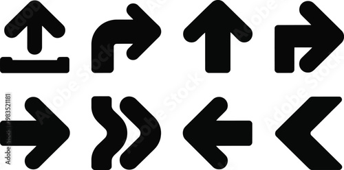 Set of black directional arrows up right left and curved indicators