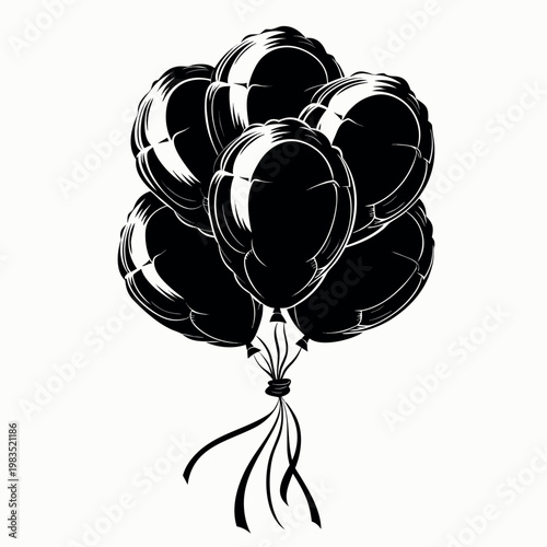 Black and white vector illustration of a bunch of balloons,