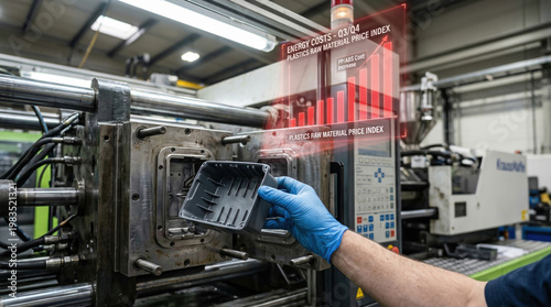 Industrial manufacturing process shows materials and plastics price surges with worker holding molded plastic part in factory setting