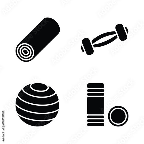 Fitness gym equipment icons set with yoga mat dumbbell and exercise ball vector silhouette.