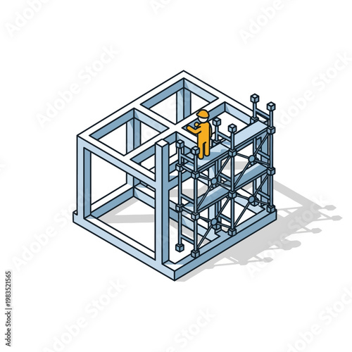 Construction worker on scaffolding assembling building structure isometric view.