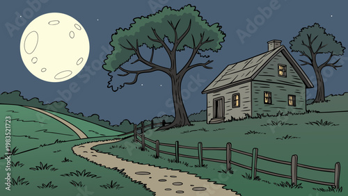 Moonlit house, rural landscape, night scene, countryside home
