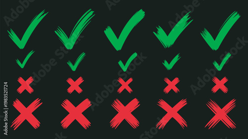 Set of hand drawn green check mark, red cross, black background, professional success failure symbols, minimalist vector illustration