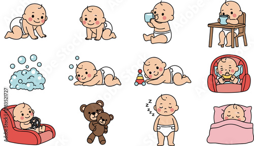 Cute baby daily routine vector set featuring crawling bathing eating sleeping and playing activities in adorable cartoon style isolated
