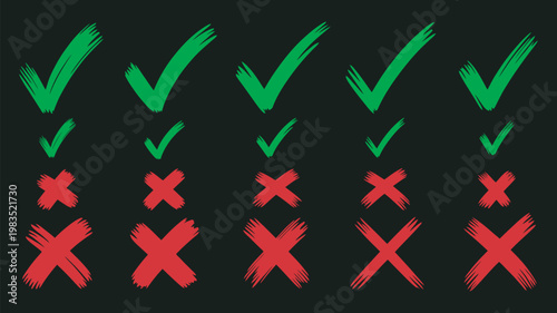 Set of hand drawn green check mark, red cross, black background, professional success failure symbols, minimalist vector illustration