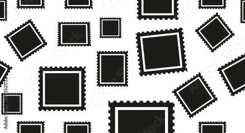 Black postage stamp outlines with blank centers on a white background