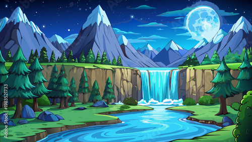 Fantasy landscape, mountain range, waterfall, moonlit night, cartoon scenery