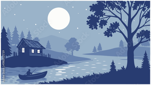 Moonlit lake scene, serene landscape, blue silhouette, peaceful night, water view