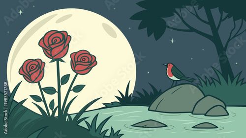 Moonlit scene, red roses, night landscape, vector illustration