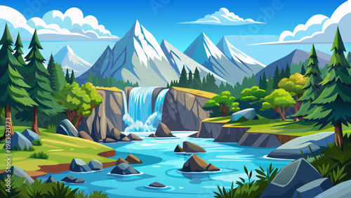 Mountain landscape, scenic waterfall, river, trees, cartoon nature scene