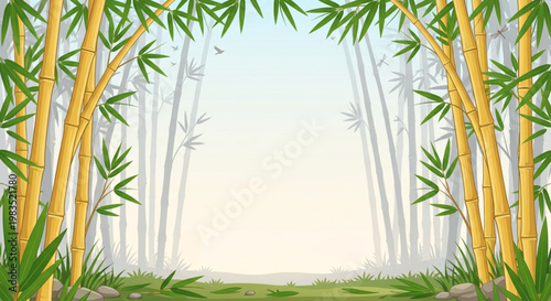 Serene Bamboo Forest Scene with Gentle Mist and Green Foliage Border