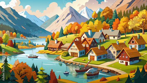 Autumn village, mountain landscape, colorful houses, lake scene, fall foliage
