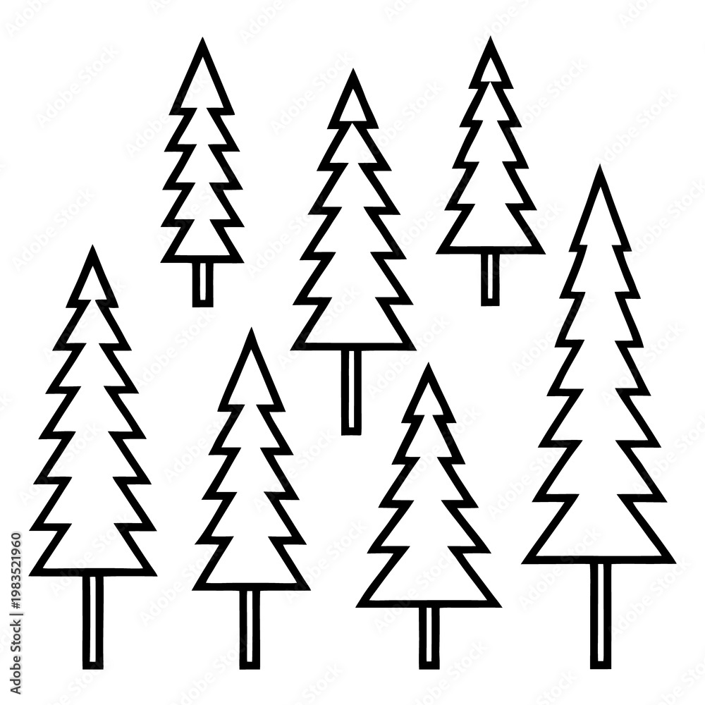 Obraz premium collection of simple geometric pine trees with trunks in outline.