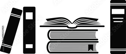 Black and white illustration of books and binders