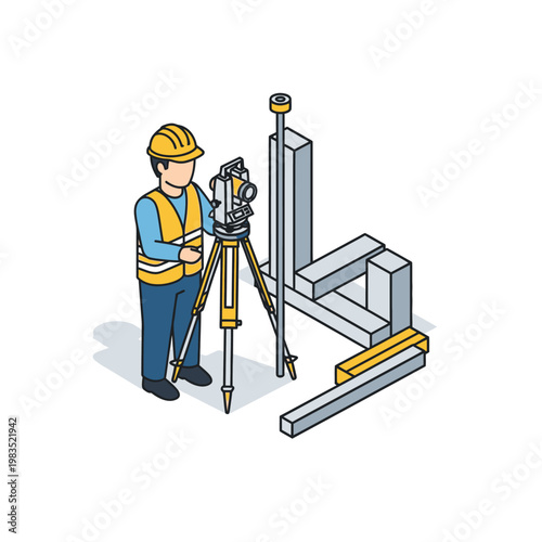 Surveyor using a theodolite on a construction site with building materials.