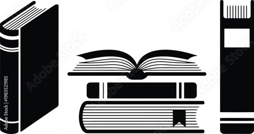 Black and white illustration of books and a binder