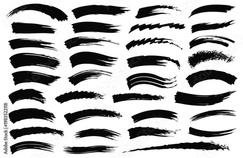 Abstract black ink brush strokes and paint texture collection.
