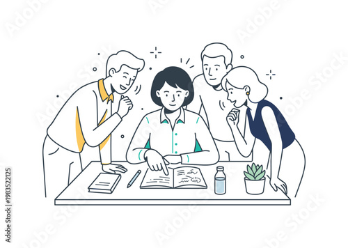 Group of colleagues working together in a quiet environment with one central figure writing on paper while others lean in