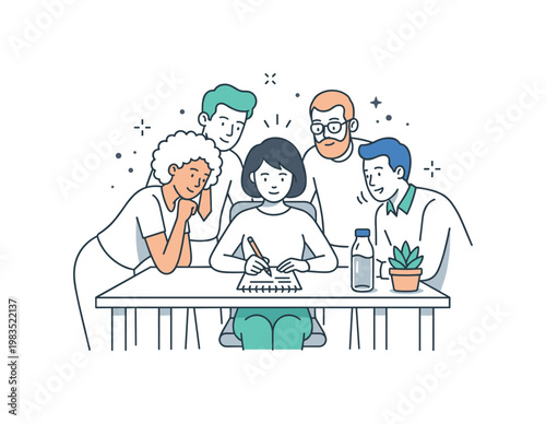 Group of colleagues working together in a relaxed environment with one central figure writing on paper while others observe and