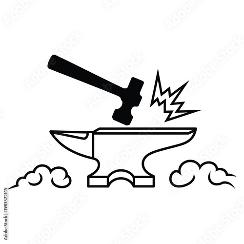 Blacksmith anvil and hammer forging icon with sparks in bold silhouette vector style