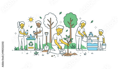 Community members gathered in a shared eco moment with one central person placing recyclables into a bin while others plant small