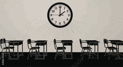 A solitary classroom scene features a clock on the wall and empty student desks