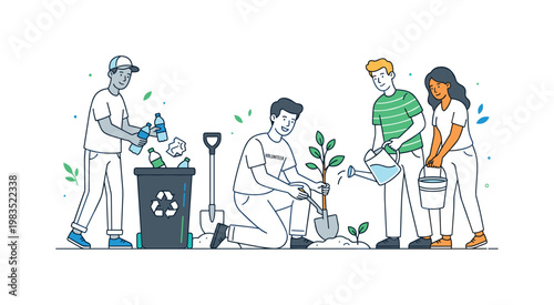 Community members working together outdoors with one person at center kneeling to plant a sapling while others sort bottles into a