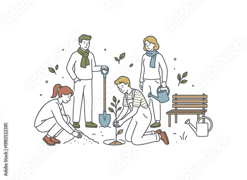 Diverse group of people planting a tree together in a park setting