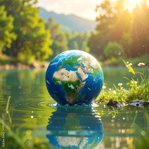 A serene landscape featuring a globe partially submerged in a pond