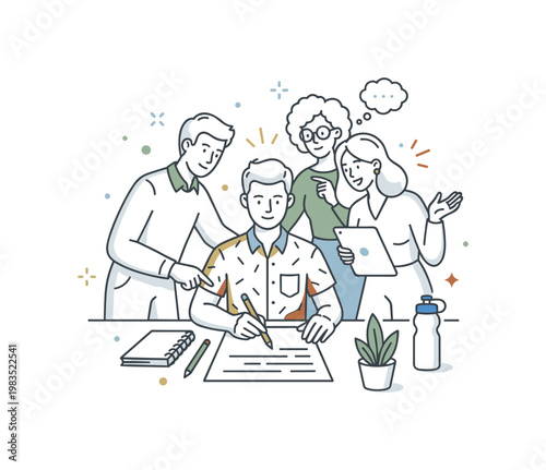 Group of coworkers collaborating around a compact desk with one central figure writing on paper while others lean in reviewing and